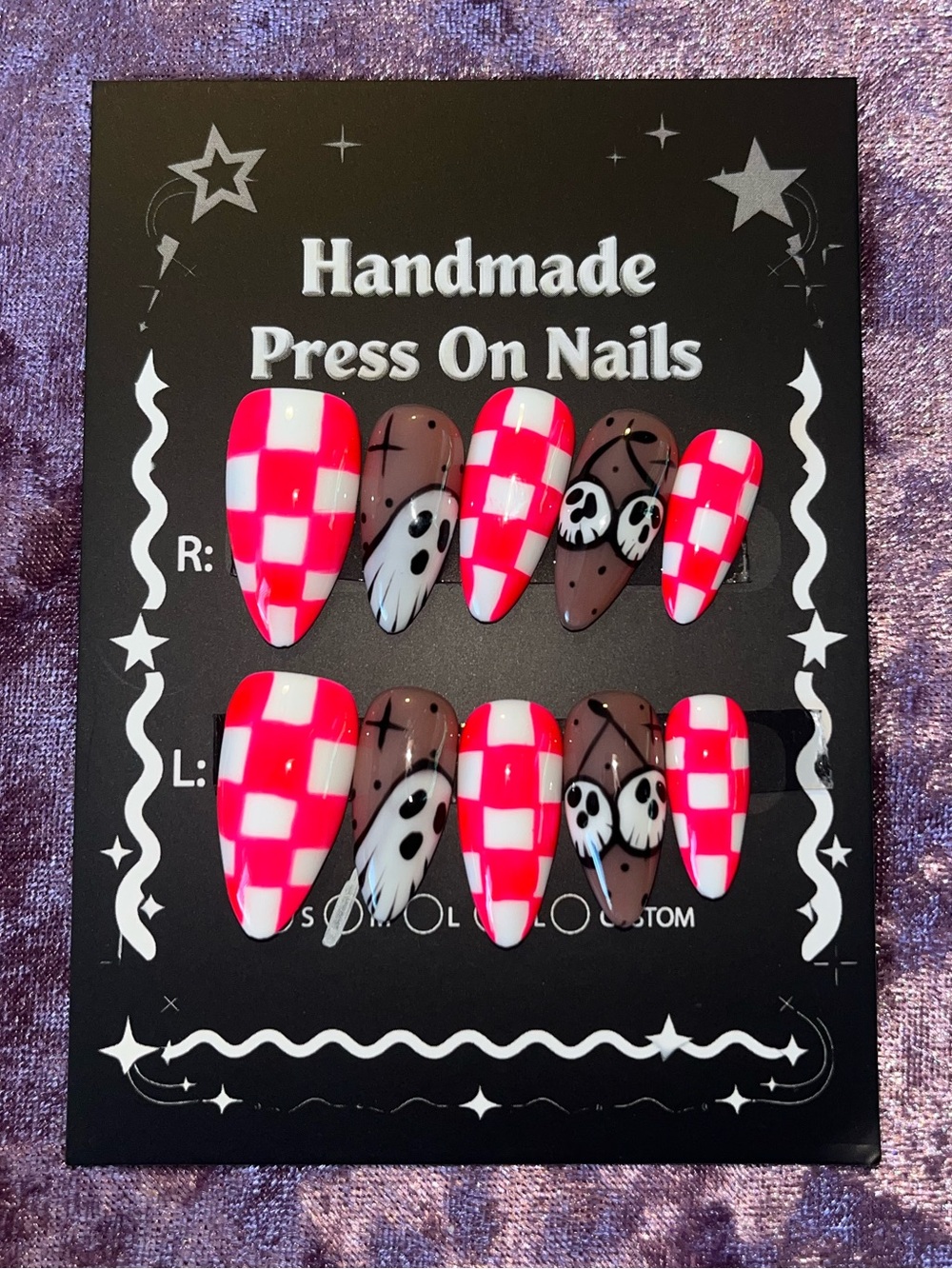 Handmade Press On Nails - Pink Checker & Brown Ghost Design